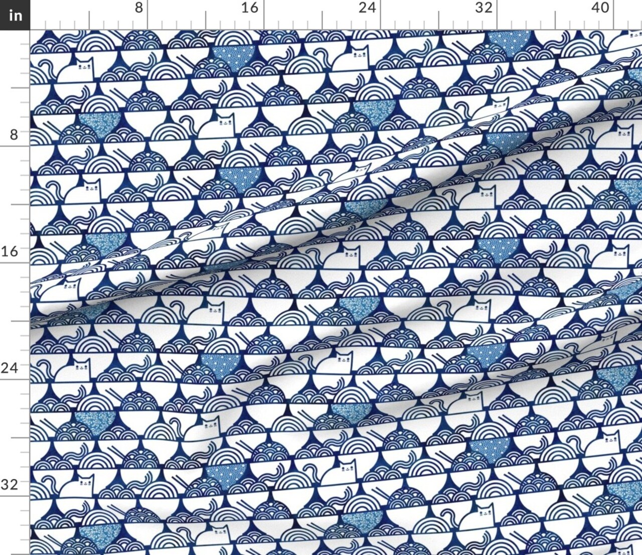 Cat Noodle Large Navy White Cute Cats Kawaii Pets Japanese Novelty Pet Blue Custom Printed Fabric by Spoonflower Various Fabrics by the Yard or Fat Quarter